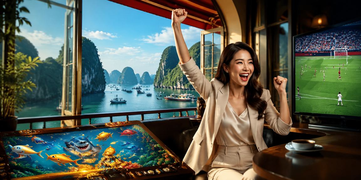 Người dùng chơi bắn cá trực tuyến với cảnh vịnh Hạ Long phía sau