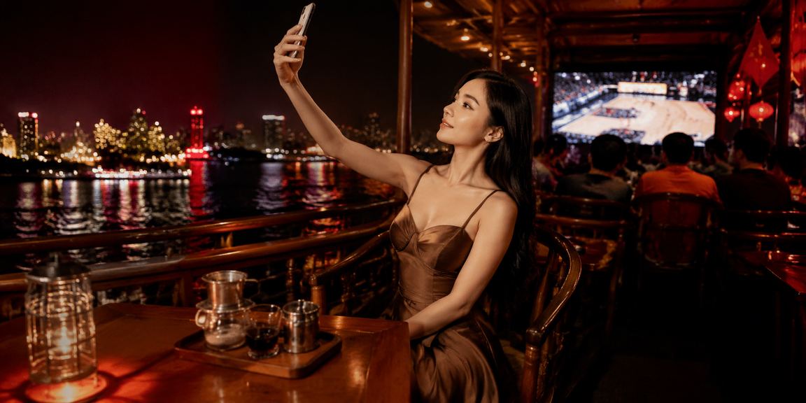 Người dùng Hà Nội xem game mới trên điện thoại bên ly cà phê buổi sáng