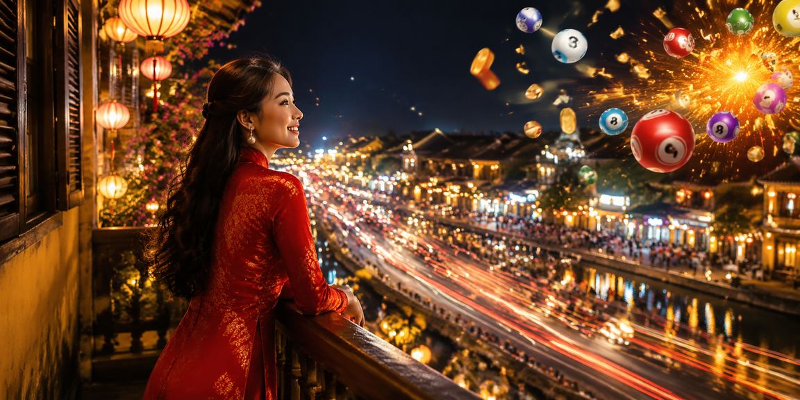 Ánh đèn neon về đêm tại Hội An phản chiếu giao diện trò chơi xổ số trực tuyến